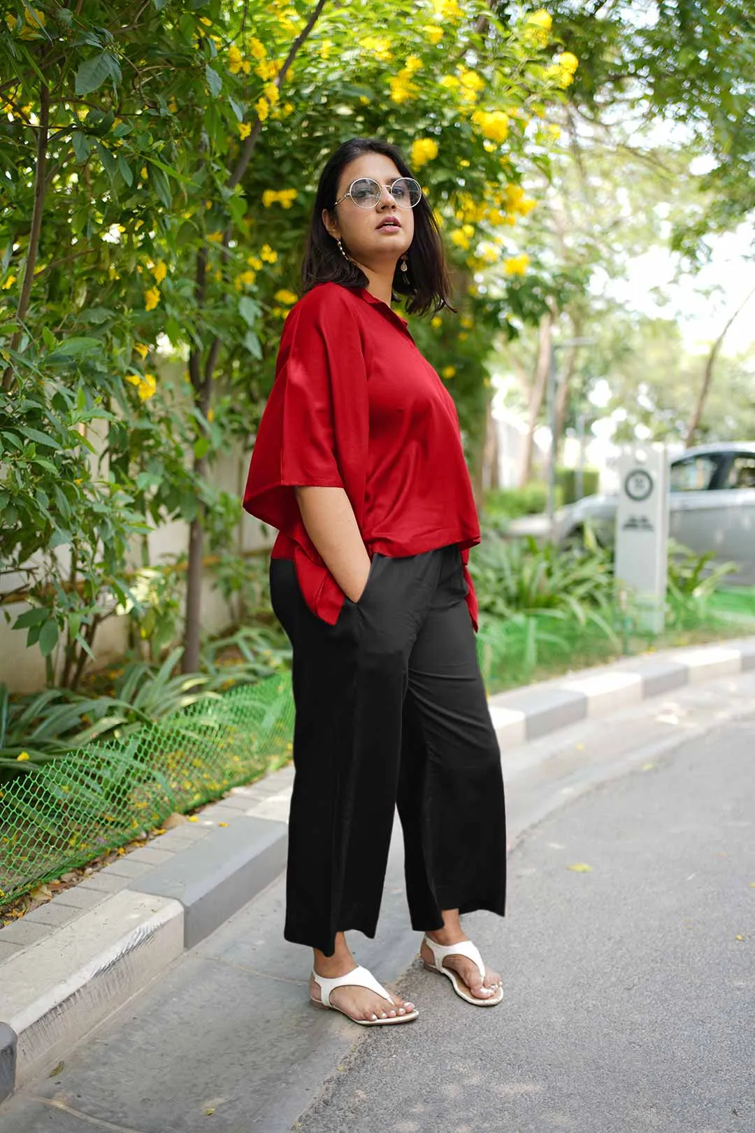 Maroon Rayon KaftanTop & Black Palazzo - Artflow