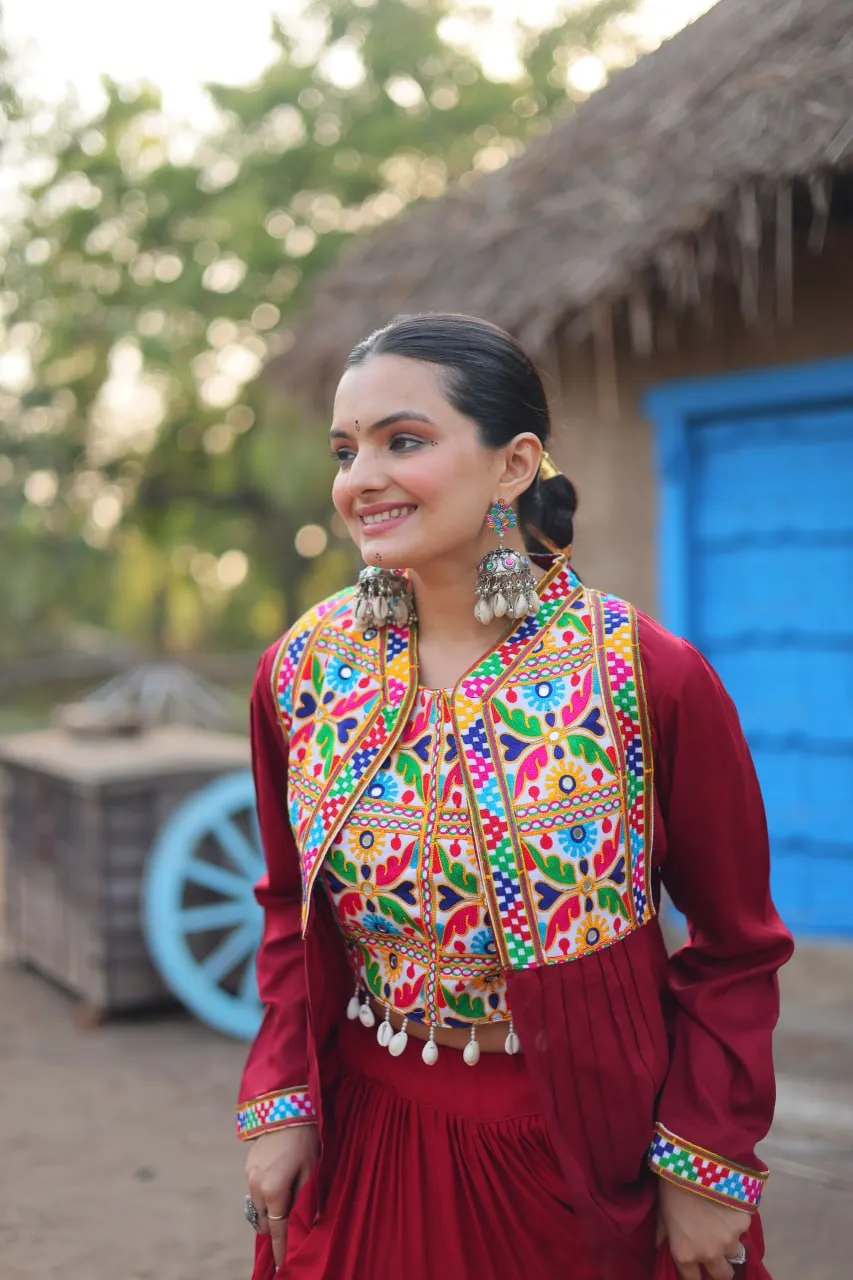 Maroon Rayon Lehenga Set with Embroidered Gamthi Work