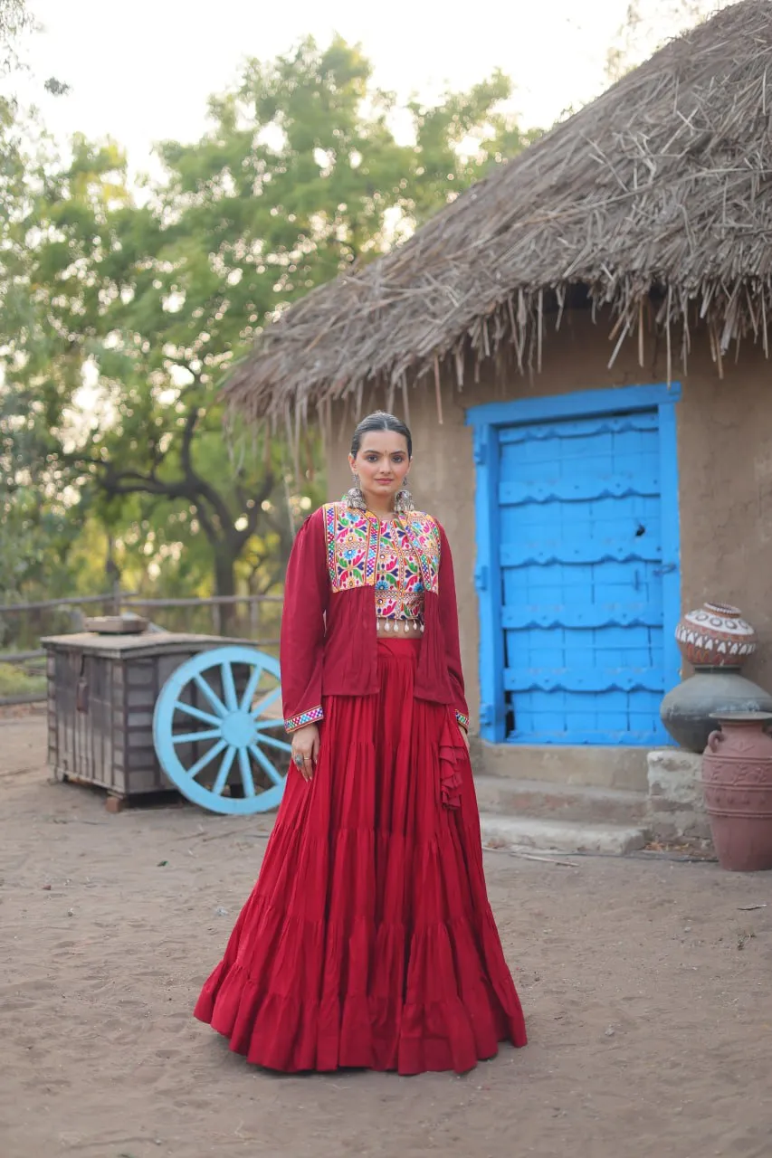 Maroon Rayon Lehenga Set with Embroidered Gamthi Work