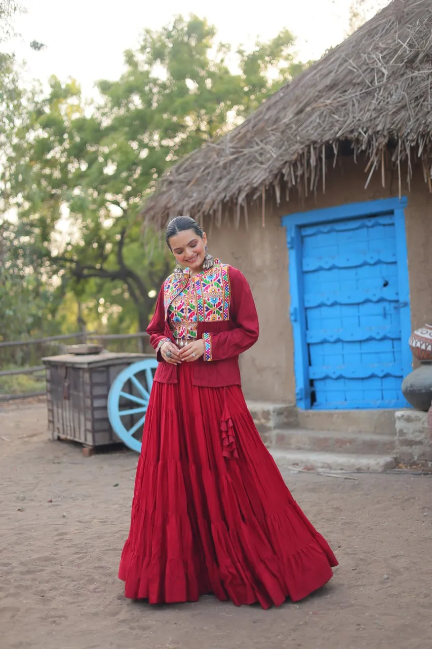 Maroon Rayon Lehenga Set with Embroidered Gamthi Work