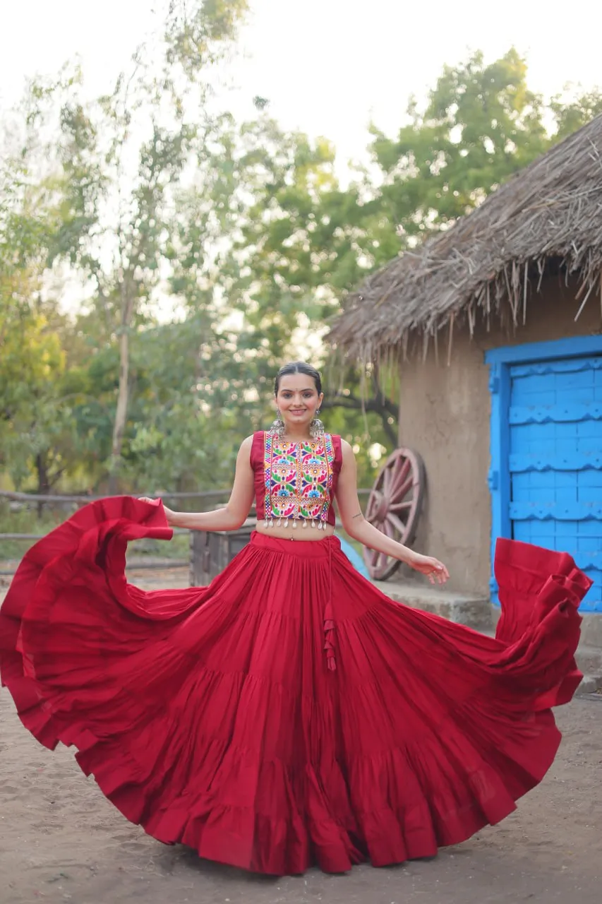 Maroon Rayon Lehenga Set with Embroidered Gamthi Work