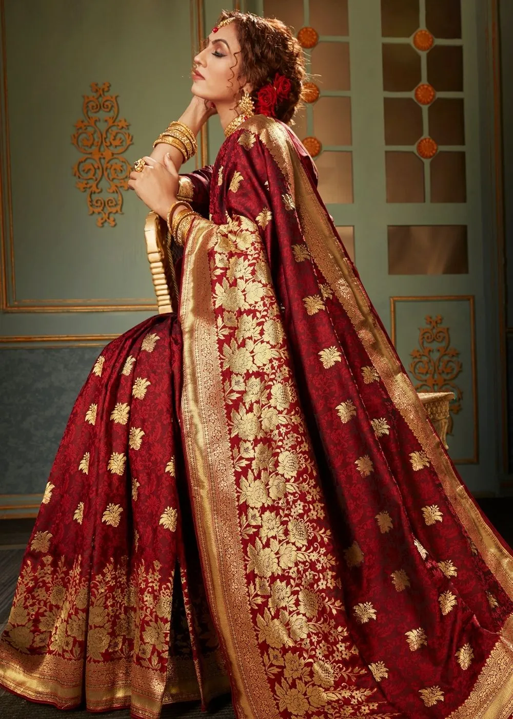 Maroon Red and Golden Banarasi Silk Saree