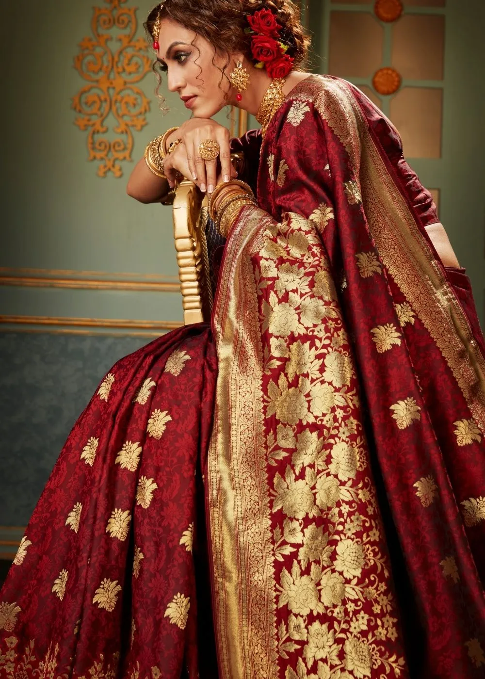 Maroon Red and Golden Banarasi Silk Saree