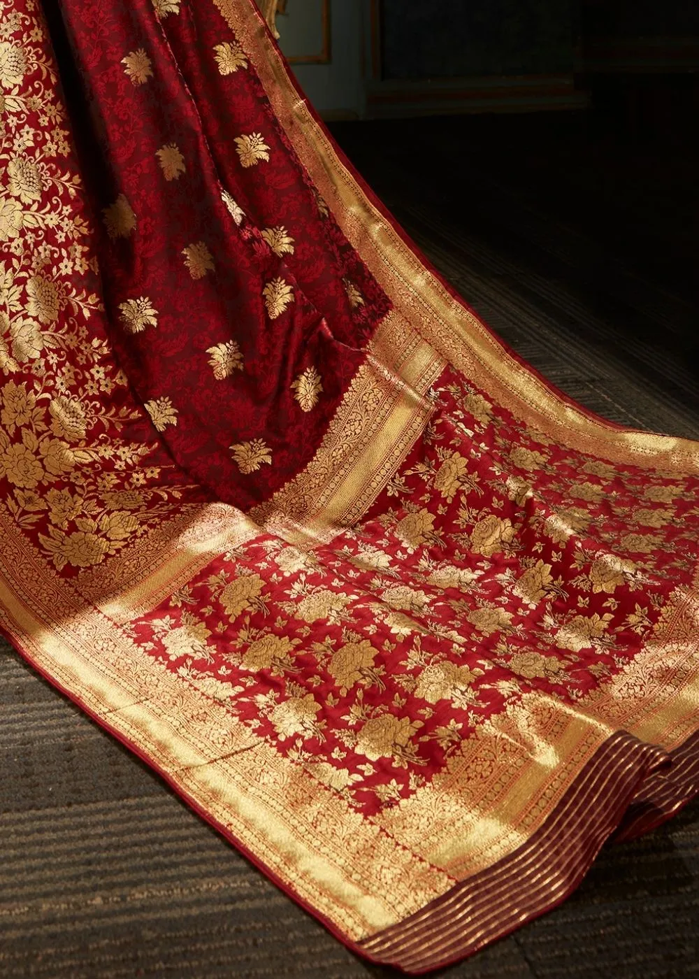 Maroon Red and Golden Banarasi Silk Saree