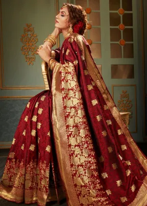 Maroon Red and Golden Banarasi Silk Saree