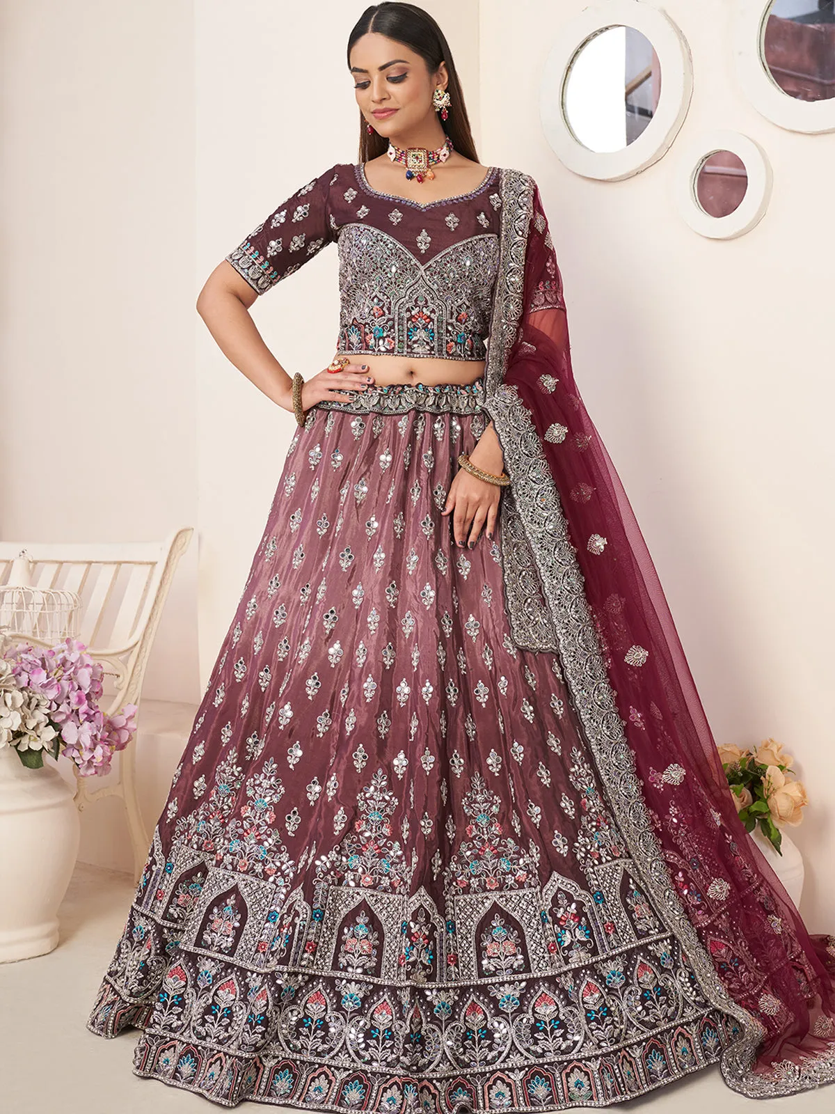 Maroon Satin Embellished Semi stitched Lehenga With Unstitched blouse