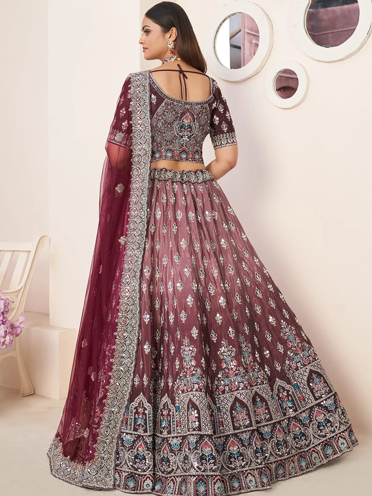 Maroon Satin Embellished Semi stitched Lehenga With Unstitched blouse