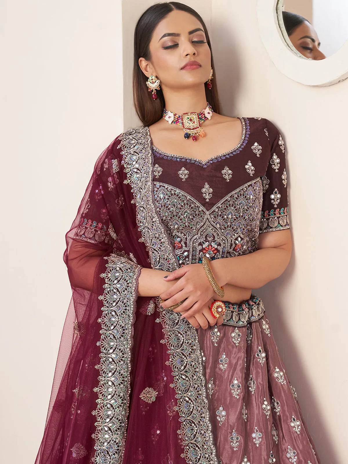 Maroon Satin Embellished Semi stitched Lehenga With Unstitched blouse