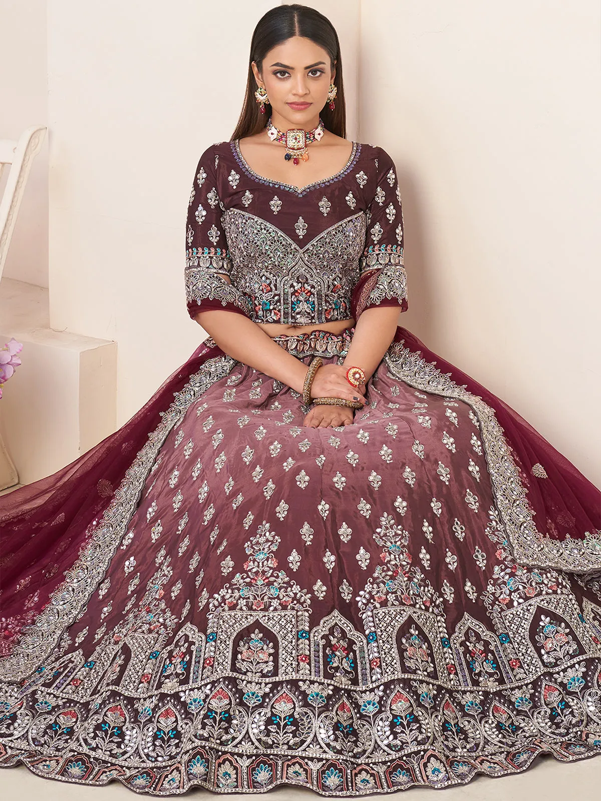 Maroon Satin Embellished Semi stitched Lehenga With Unstitched blouse