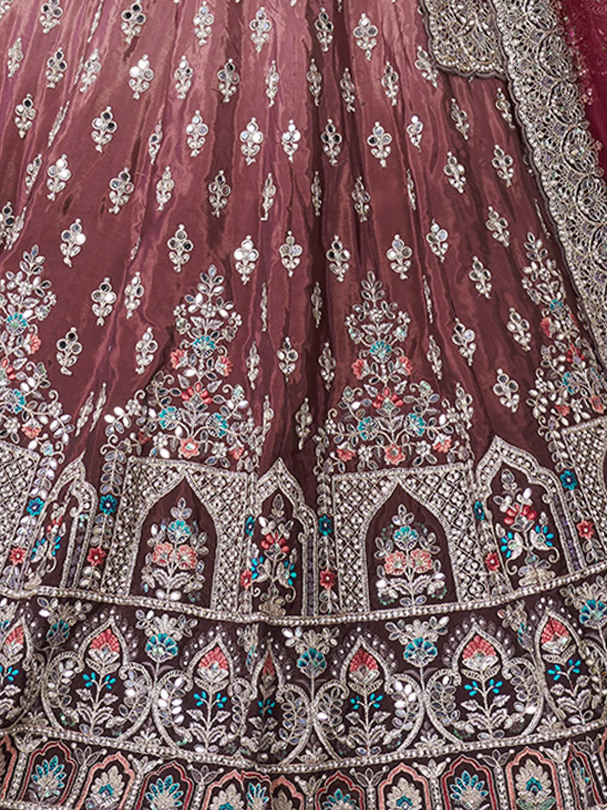 Maroon Satin Embellished Semi stitched Lehenga With Unstitched blouse