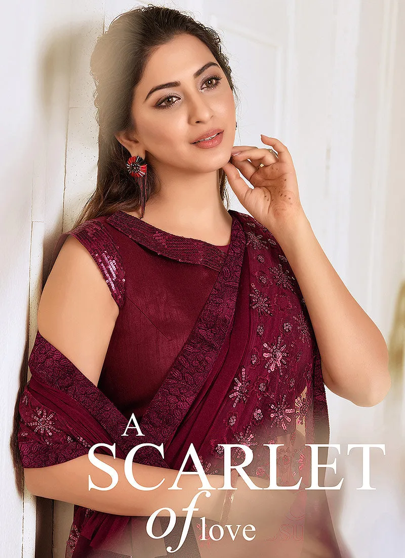 Maroon Sequence Embroidered Designer Saree