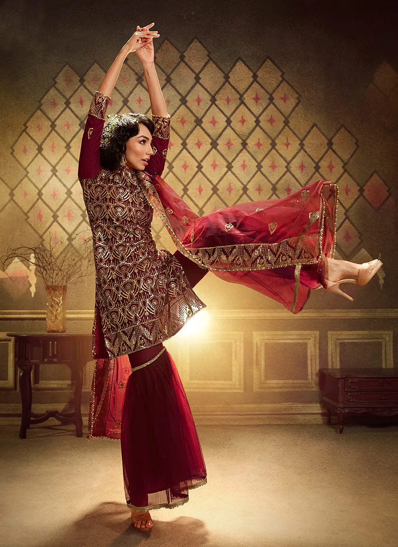 Maroon Sequence Embroidered Gharara Suit