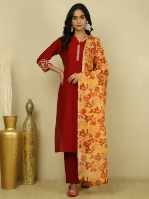 Maroon Silk Blend Embroidered Suit Set