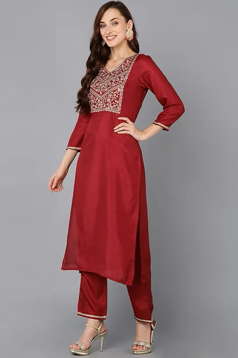 Maroon Silk Blend Solid Straight Suit Set