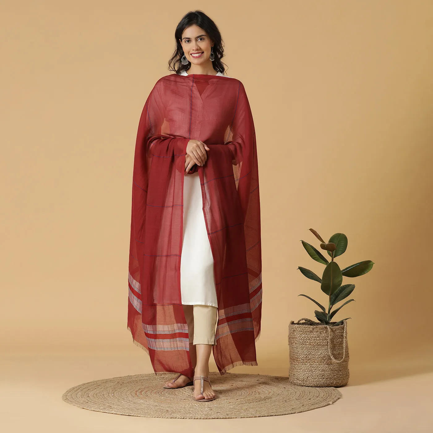 Maroon Striped Silk Tencel Dupatta