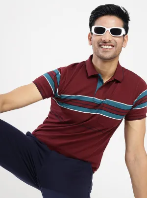 Maroon Striped Slim Fit Polo T-Shirt | Greenfibre