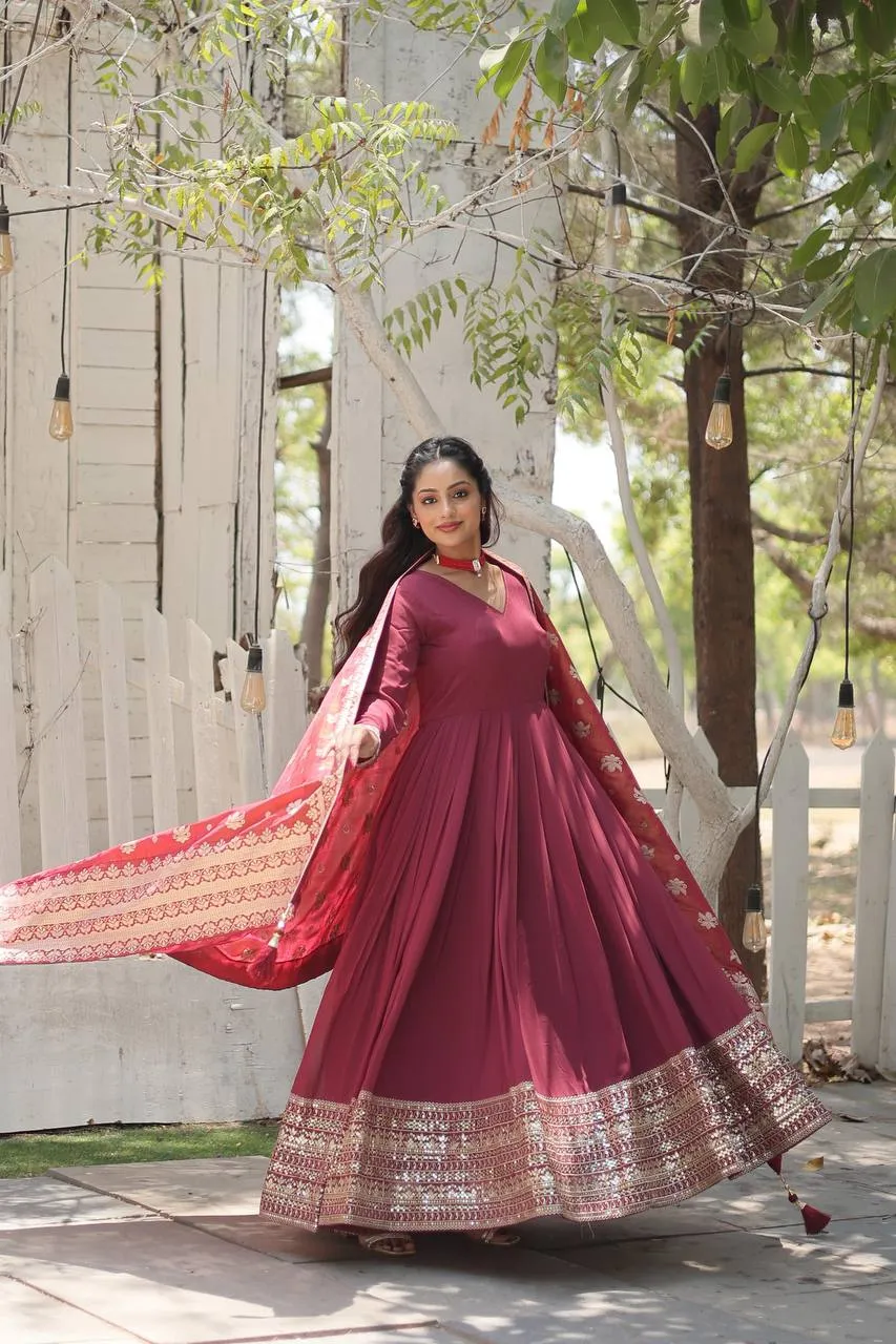 Maroon Stunning Faux Georgette Gown with Rich Sequins Embroidery