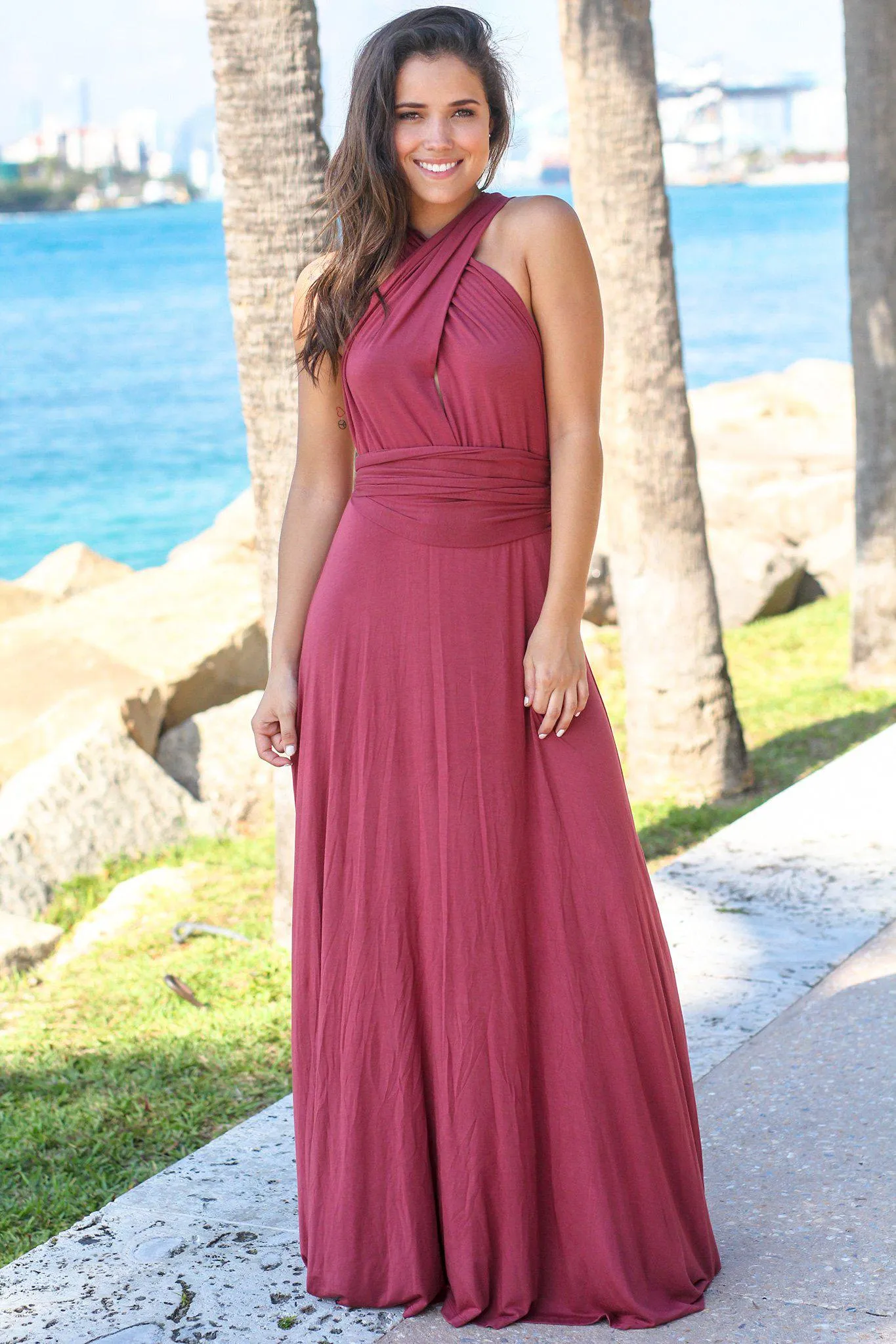 Maroon Tie Maxi Dress with Open Back