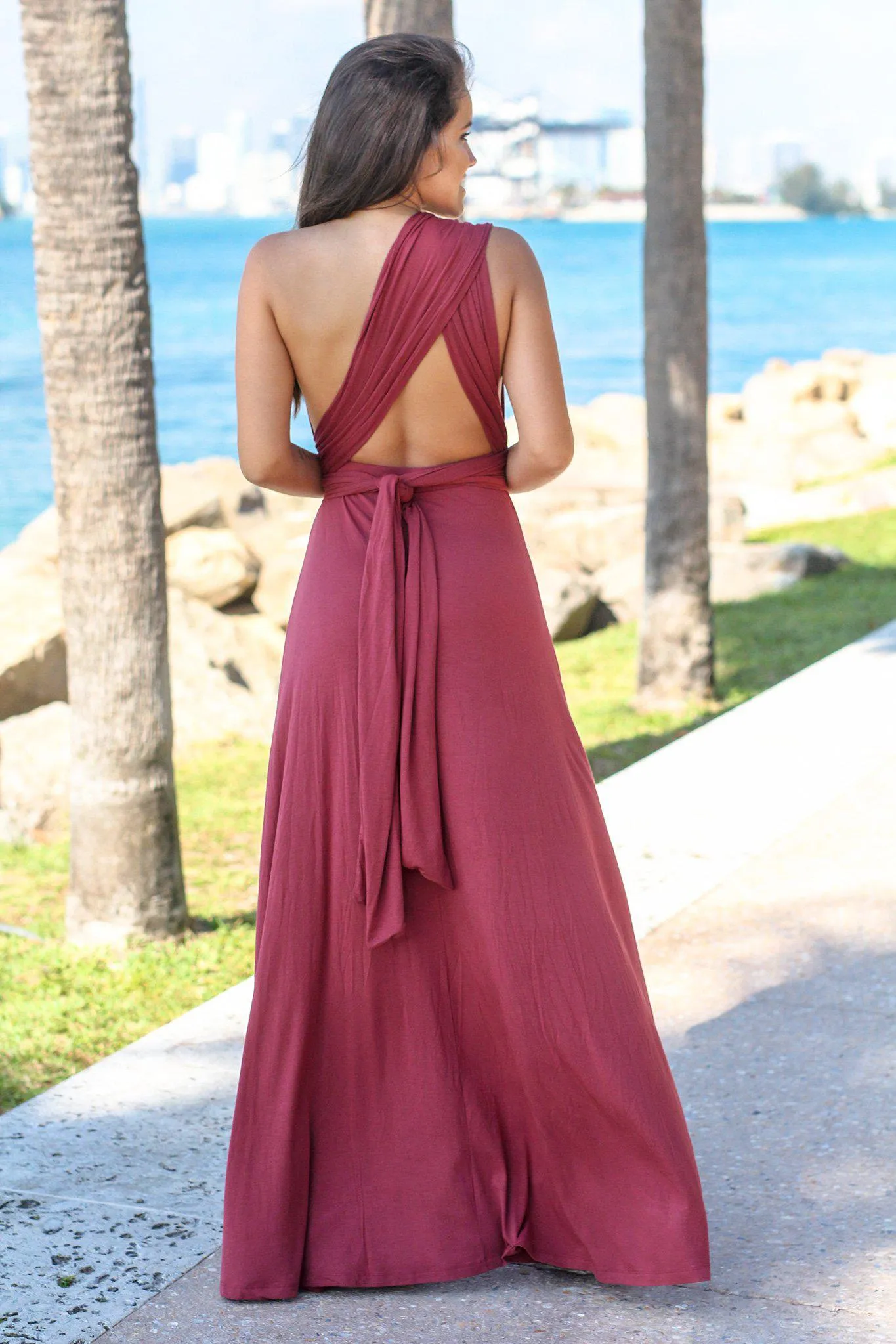 Maroon Tie Maxi Dress with Open Back