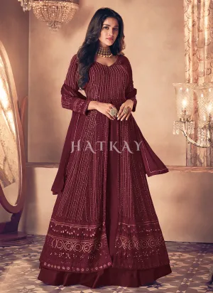 Maroon Traditional Sequence Embroidered Wedding Anarkali Lehenga