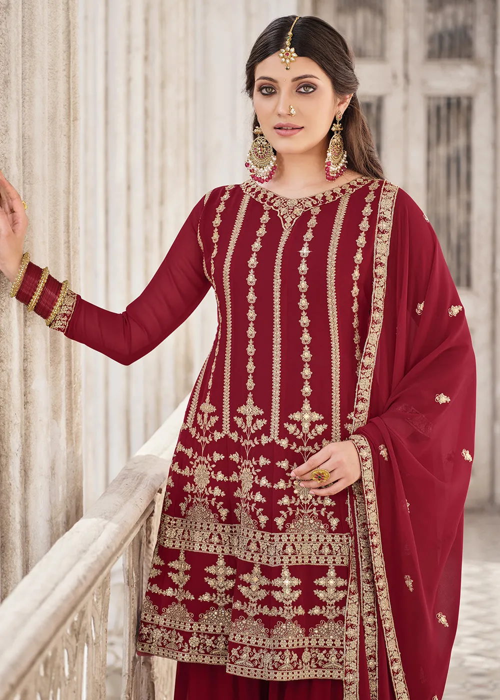 Maroon Traditional Style Georgette Designer Palazzo Suit