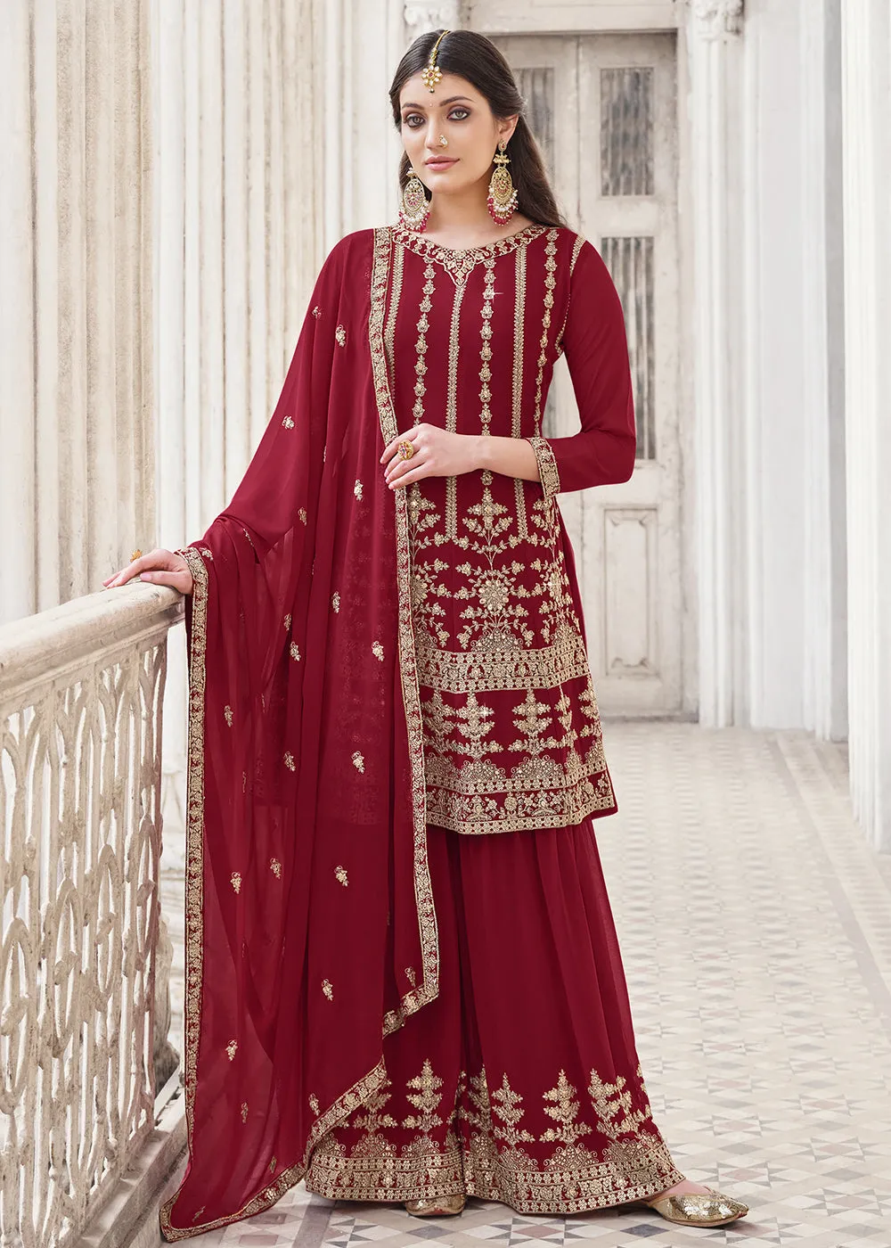 Maroon Traditional Style Georgette Designer Palazzo Suit