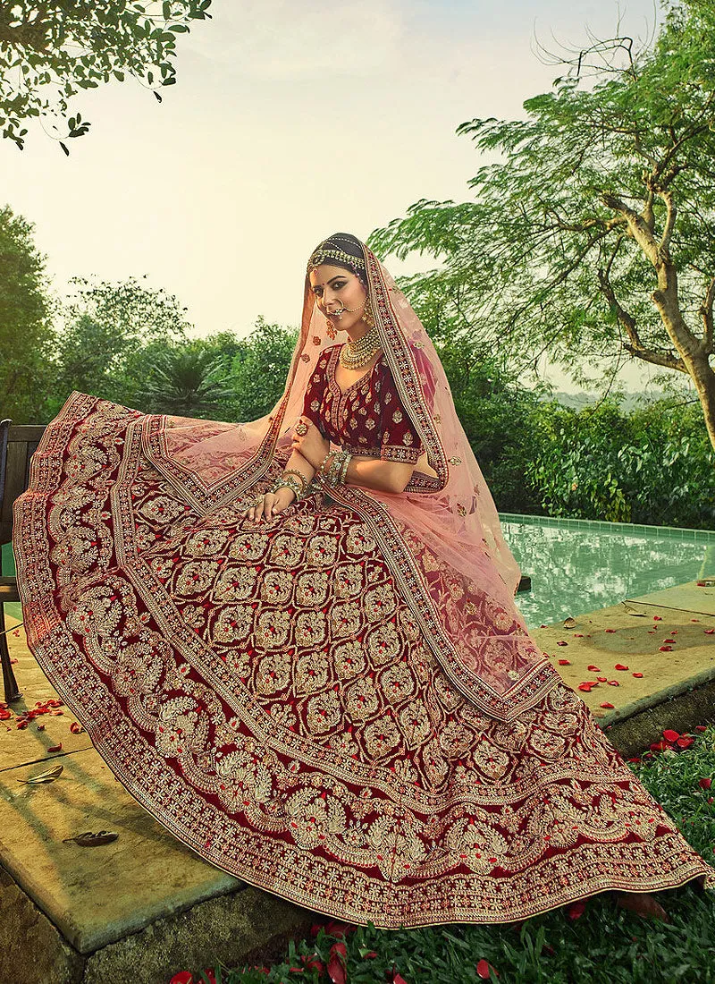 Maroon Velvet Embroidered Wedding Lehenga Choli