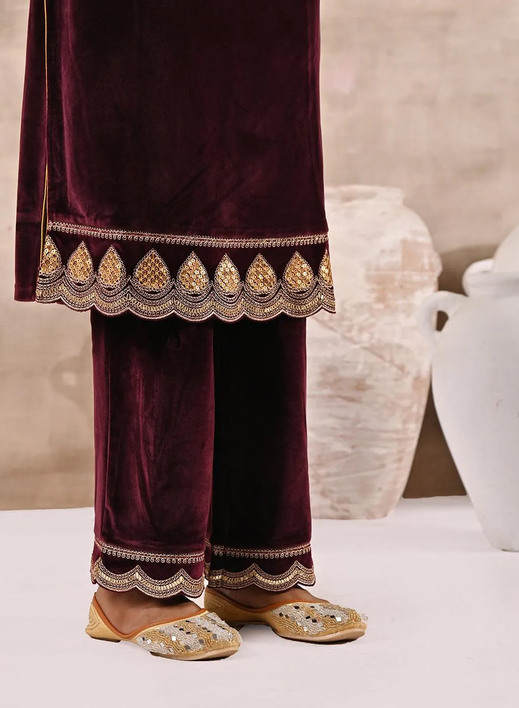 Maroon Velvet Kurta Set With Heavy Front Yoke Zari Embroidery