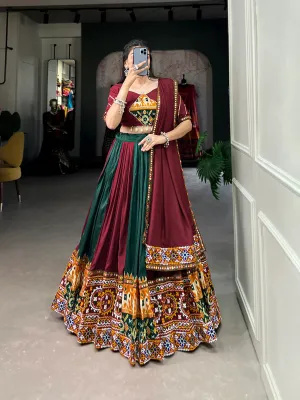 Maroon Vibrant Printed Silk Lehenga with Gamthi & Mirror Work