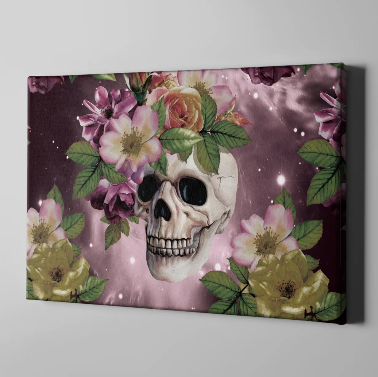 Maroon Watercolor Galaxy Floral Skull Gallery Wrapped Canvas