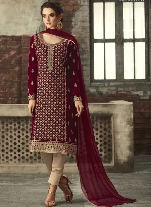 Maroon With Gold Ethnic Embroidered Pant Suit