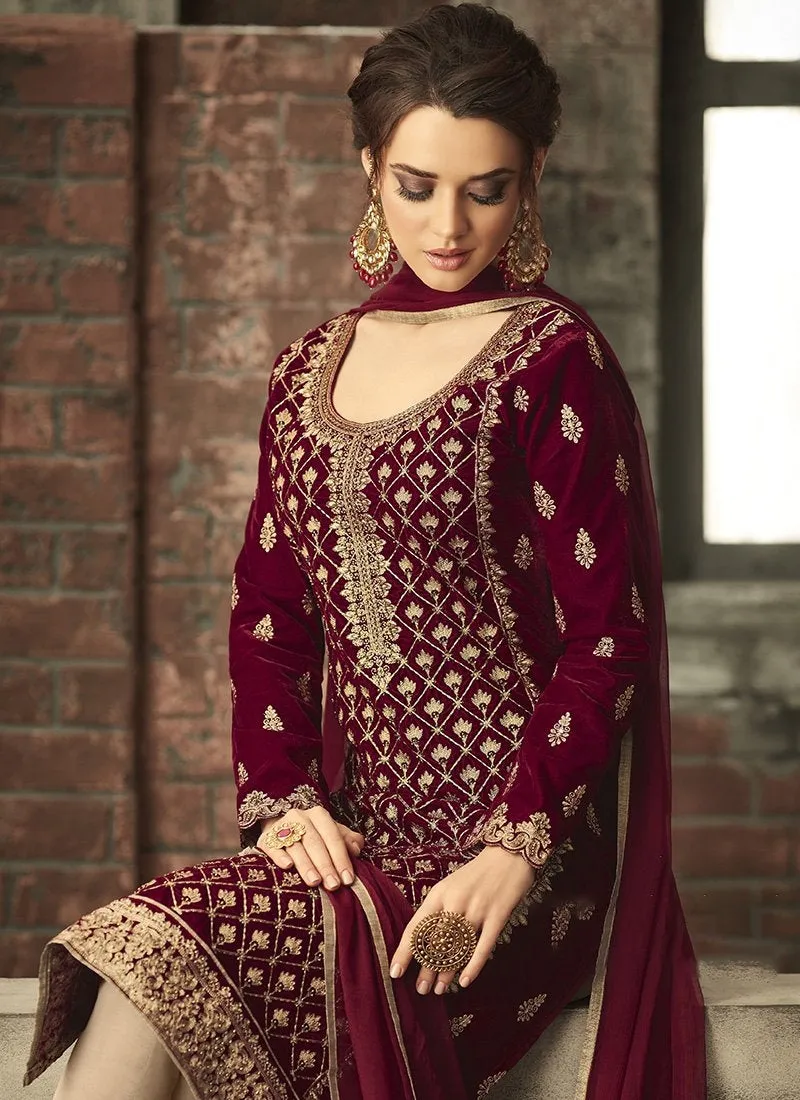 Maroon With Gold Ethnic Embroidered Pant Suit