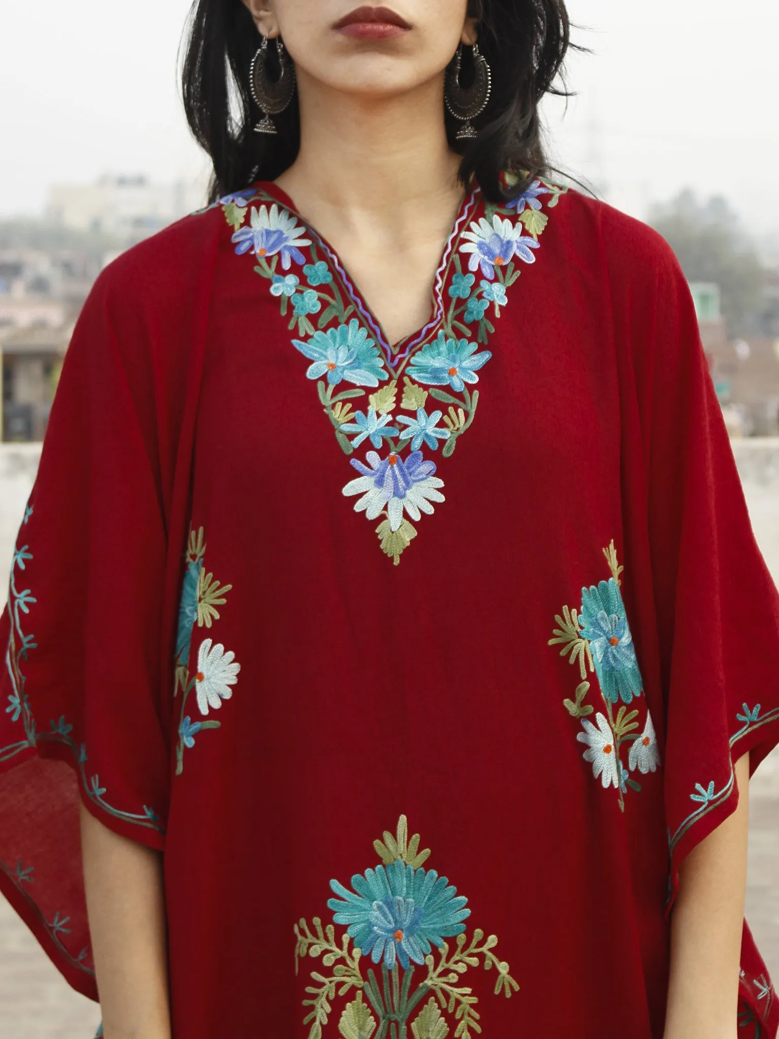 Maroon with Sky blue & Green Aari Embroidered Long Kashmere Free Size Kaftan in Crushed Cotton - K11K006