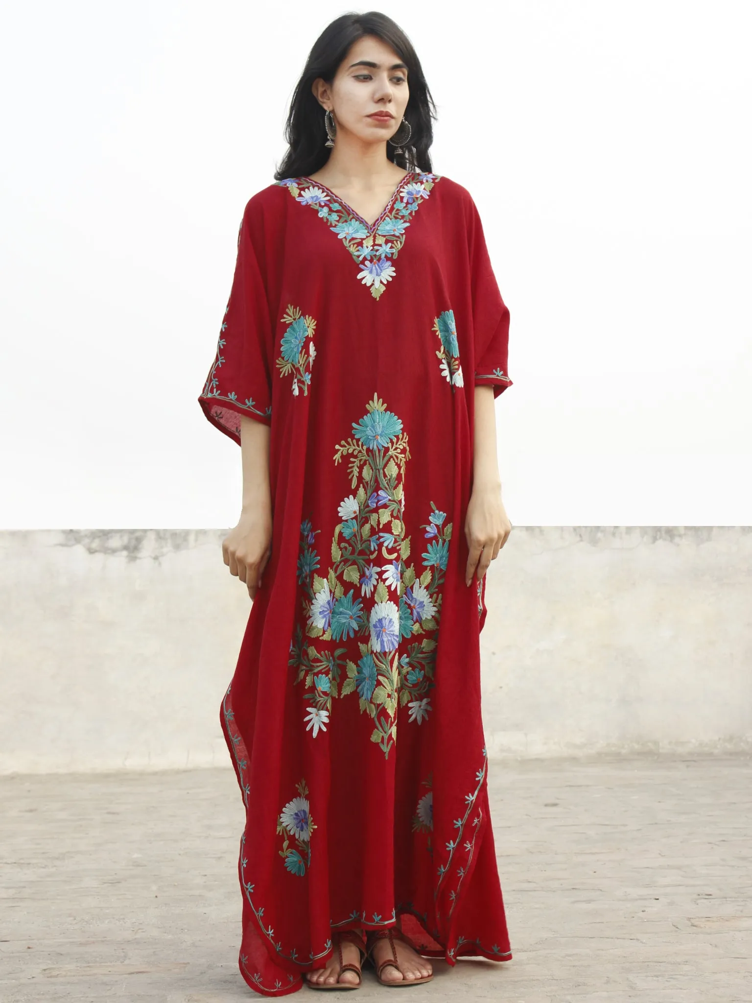 Maroon with Sky blue & Green Aari Embroidered Long Kashmere Free Size Kaftan in Crushed Cotton - K11K006