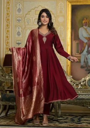 Maroon Zari Embroidered Viscose Kurta Pant And Dupatta Set With Sequins & Lace