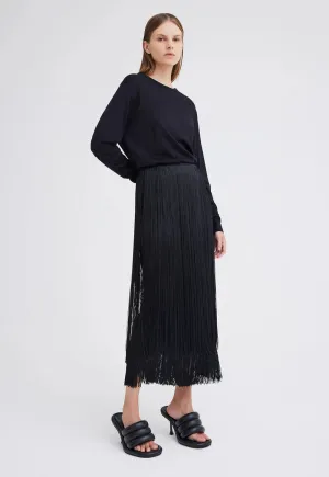 Marquee Wool Fringe Skirt in Black