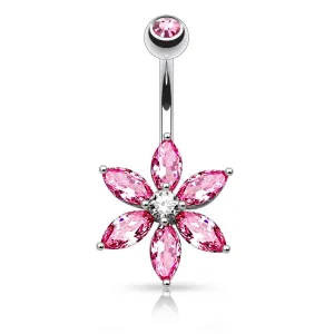 Marquise Cut CZ Flower Belly Ring - Pink