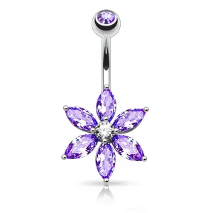 Marquise Cut CZ Flower Belly Ring - Purple