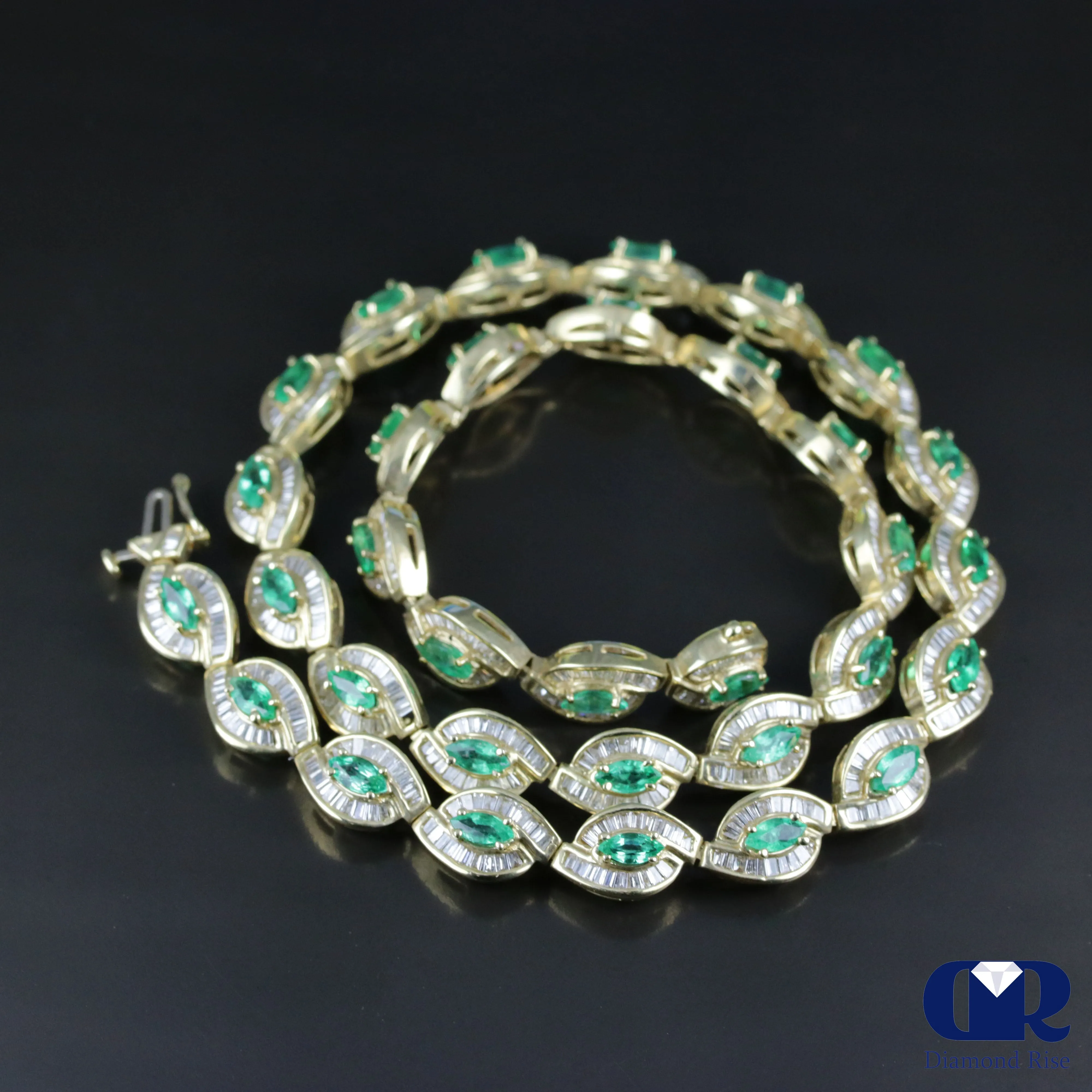 Marquise Emerald & Diamond Necklace In 14K Yellow Gold 16"