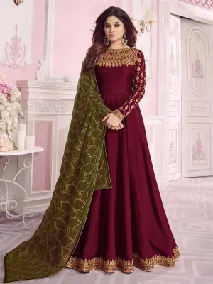 Marron And Green Traditional Embroidered Anarkali Suit