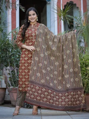 Marron Cotton Printed Kurta Pant Set With Dupatta