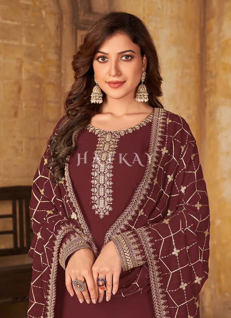 Marron Traditional Embroidered Pant Style Salwar Suit