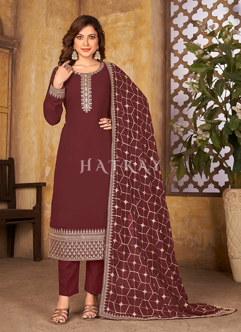 Marron Traditional Embroidered Pant Style Salwar Suit