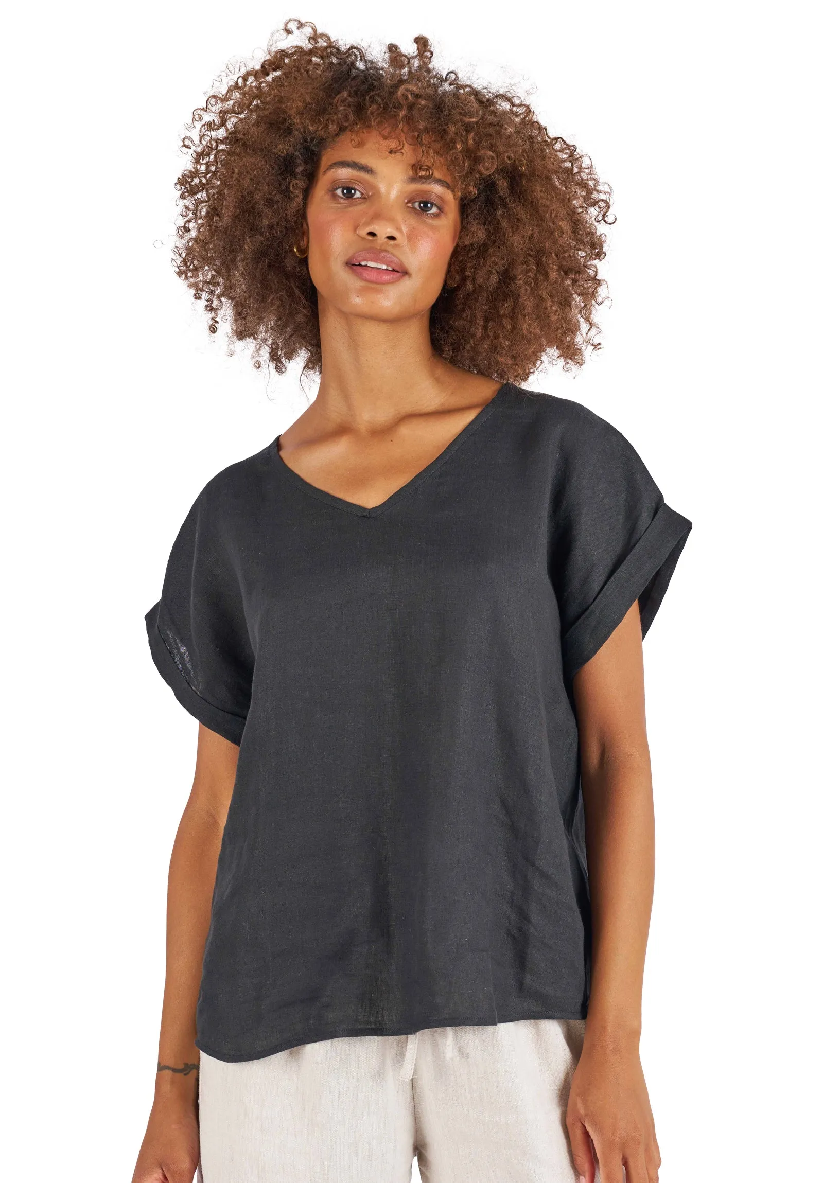 Martina Black Sand Washed Linen T-Shirt