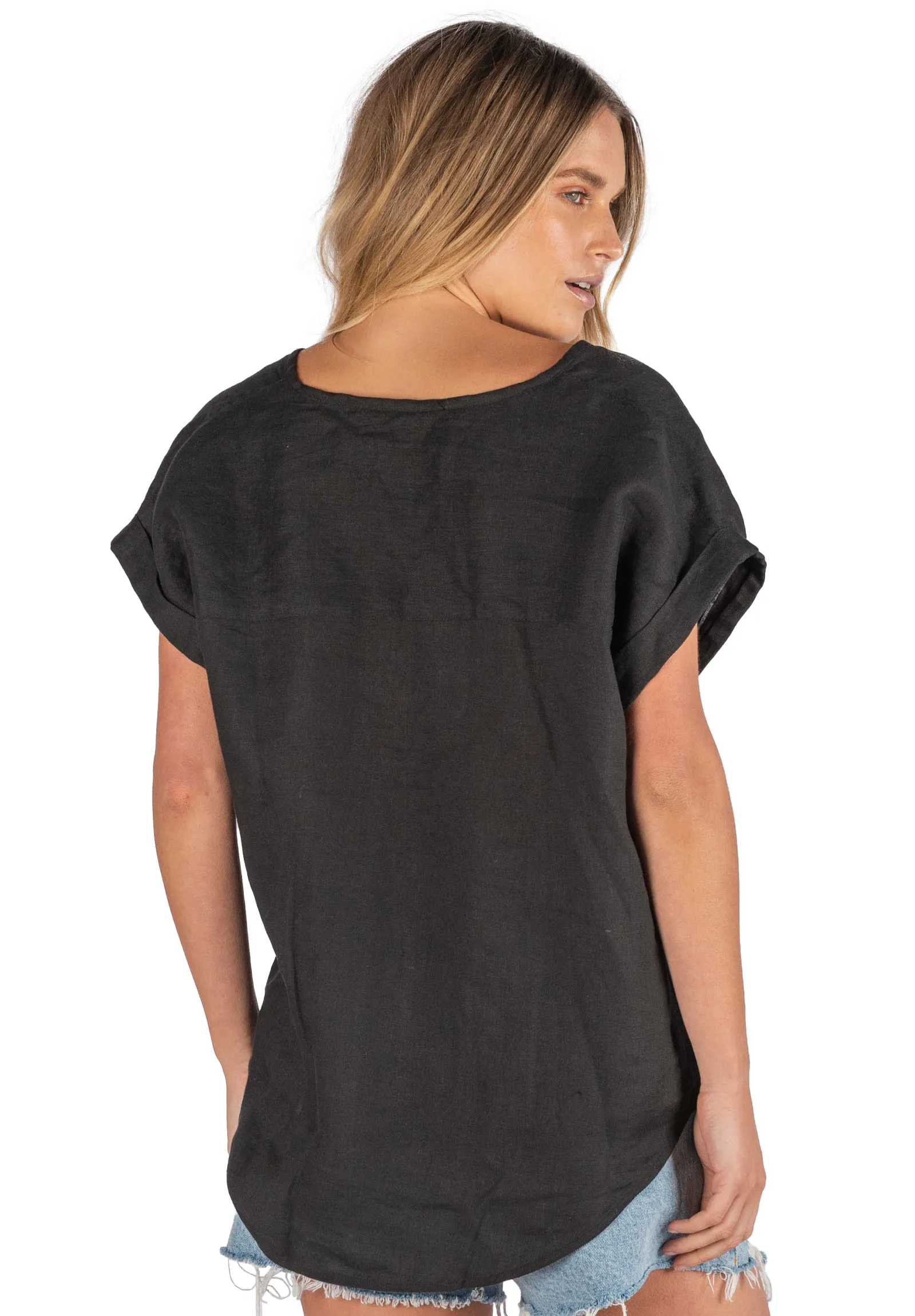 Martina Black Sand Washed Linen T-Shirt