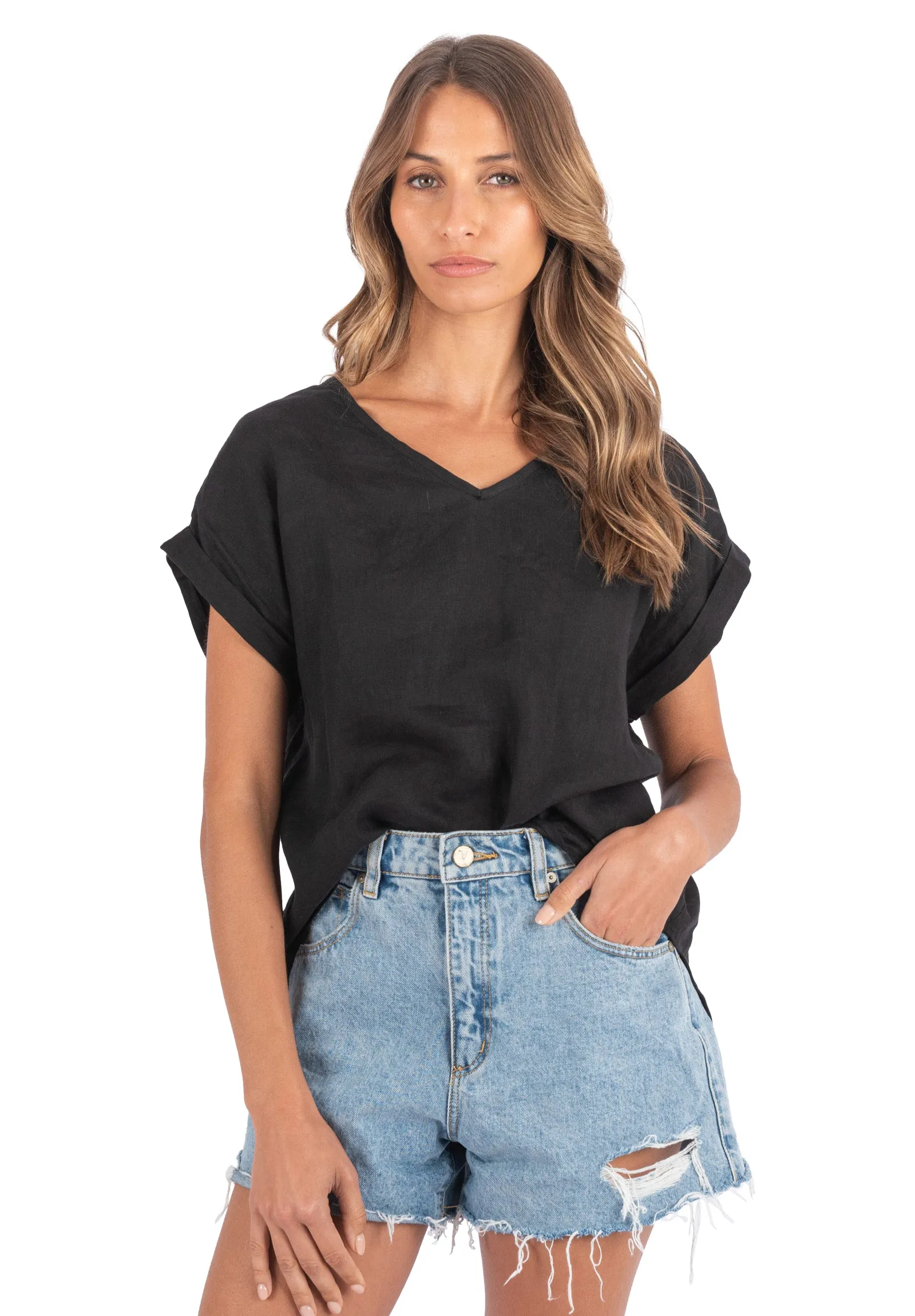 Martina Black Sand Washed Linen T-Shirt