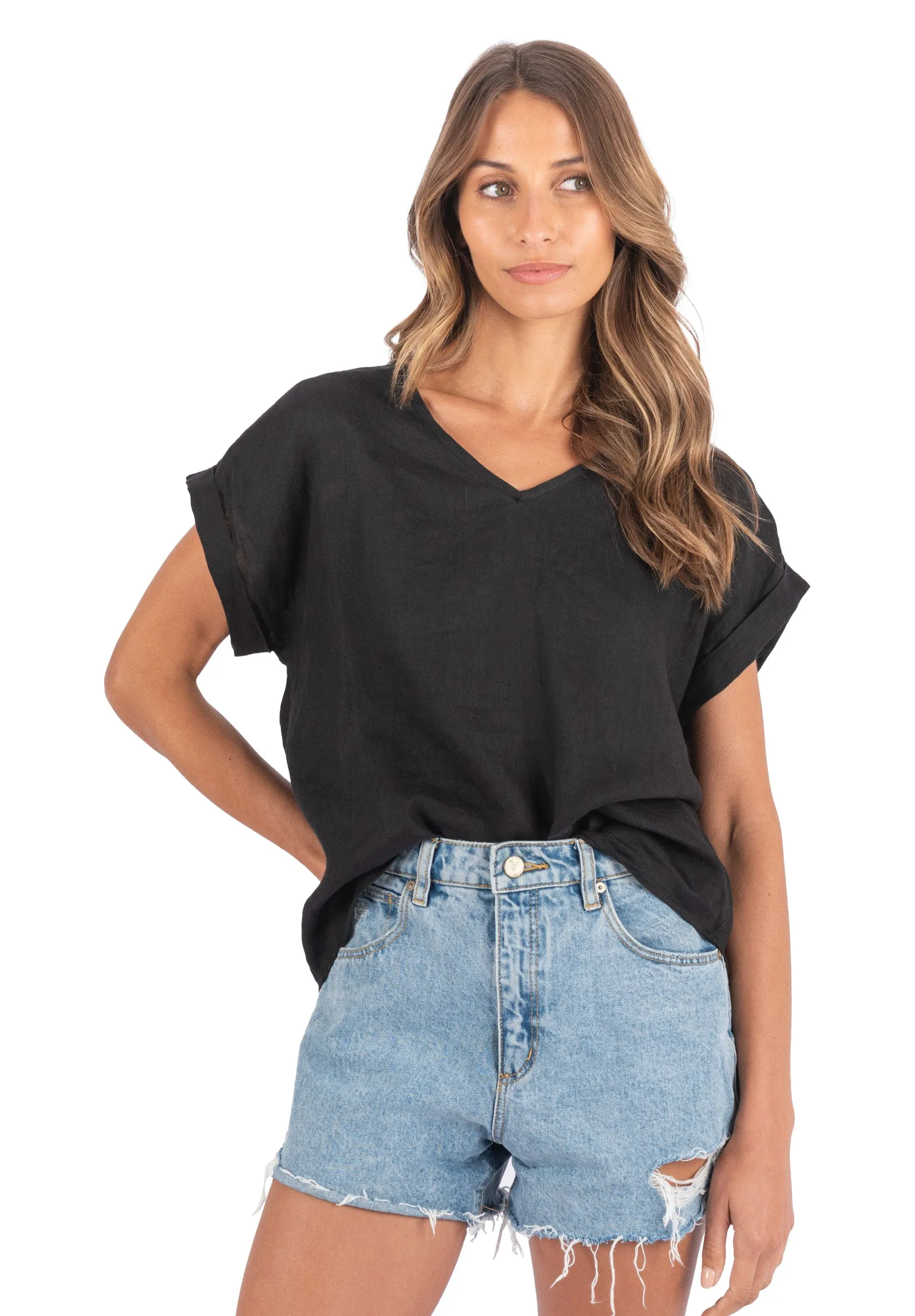 Martina Black Sand Washed Linen T-Shirt