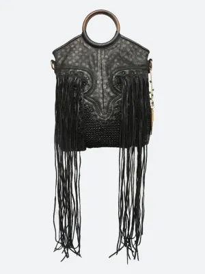 Martinka: Black Leather Shopper With Wooden Handle With Weaving, Fringes And Metallic Print