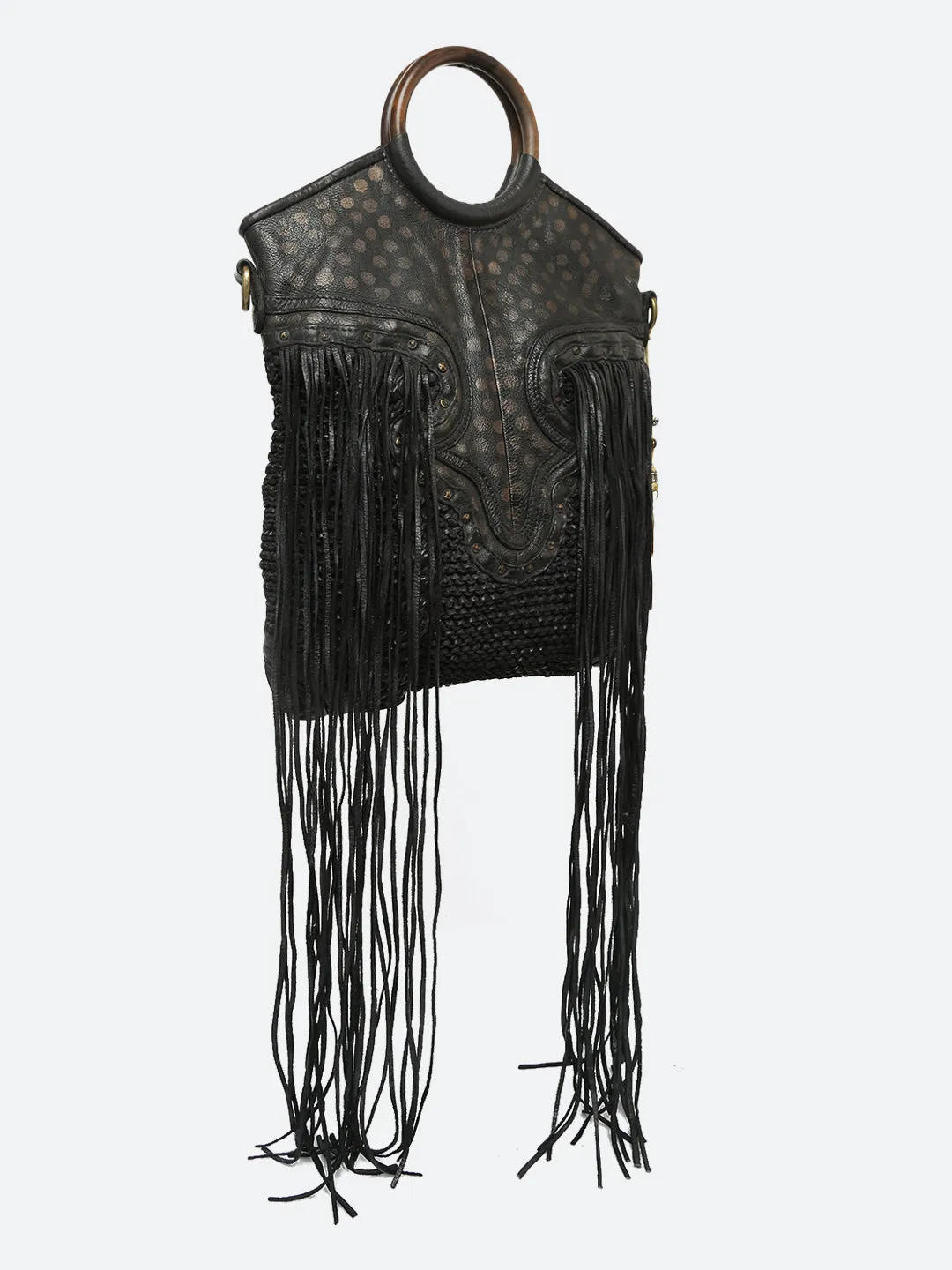 Martinka: Black Leather Shopper With Wooden Handle With Weaving, Fringes And Metallic Print