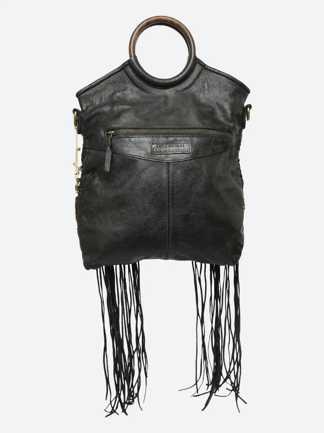 Martinka: Black Leather Shopper With Wooden Handle With Weaving, Fringes And Metallic Print